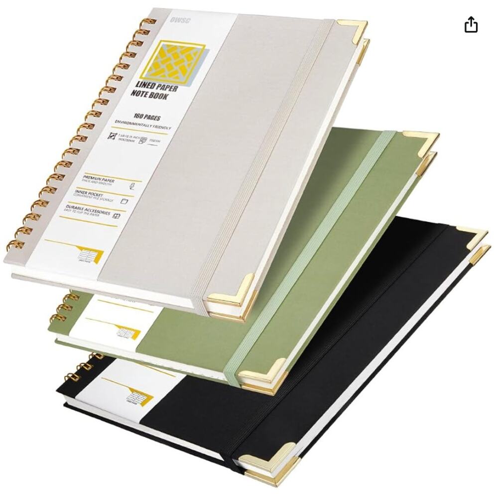 3 Pack Hardcover B5 College Ruled Spiral Notebook, 480 Pages- Grey Green Black